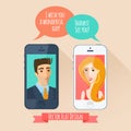 Phone conversation between a man and a woman. Flat style