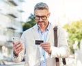 Phone, credit card and businessman travel using online payment for a commute mobile app, online and on the internet Royalty Free Stock Photo