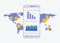 Phone with crypto currency on the screen with map on the background. Bitcoin trading concept. Diagram and statistic for