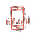 Phone diagram icon in comic style. Smartphone growth statistic cartoon vector illustration on white isolated background. Gadget