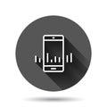 Phone diagram icon in flat style. Smartphone growth statistic vector illustration on black round background with long shadow