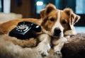 phone dog call speaking listening chat can communication ring cable mobile conversation speak animal lovable business center Royalty Free Stock Photo