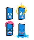 Phone emoji set 3. Smartphone Smart and infected. Fire and crying. Gadget Collection of situations