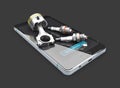 On the phone engine piston and spark plugs, isolated blak, 3d illustration Royalty Free Stock Photo
