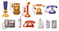 Phone evolution. Telephone history from invention to modern, old vintage phone and smartphone gadget cartoon vector set Royalty Free Stock Photo