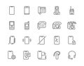 Phone flat line icons set. Smartphone, landline telephone, portable device, walkie talkie, broken display vector