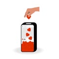 The phone in the form of a piggy bank collects likes. The hand puts the heart into the money box. The concept of people Royalty Free Stock Photo