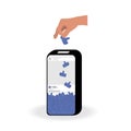 The phone in the form of a piggy bank collects likes. Hand puts the icon hand blue color with the thumb up into the