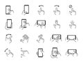 Phone gestures icons. Hand swiping and touching smartphone screen. Mobile display tap and click. Device using signs