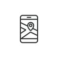 Phone GPS map, icon in line design. Phone, GPS, map, navigation, location, smartphone, route on white background vector