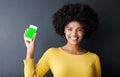 Phone, green screen and happy portrait of black woman or social media, communication and mockup. Cellphone, display and