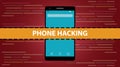 Phone hacking concept with smartphone and programming hack script code as background