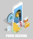 Phone hacking scams. Isometric hacker, cyber thief stealing money from smartphone, vector illustration. Cyber crime.