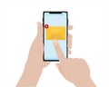 Phone in hand human hand correspondence, message send receive tap on screen messenger phone screen illustration