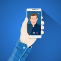 Phone in hand vector illustration in flat style. Mans hand holding a phone concept. Royalty Free Stock Photo