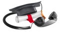 Phone handset and diploma scroll with square academic cap, 3D rendering Royalty Free Stock Photo