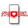 Phone heart like social network. white background.