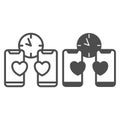 Phone, hearts, clock, dating, texting, message line and solid icon, speed dating concept, chat vector sign on white