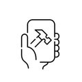 Phone holding smartphone with hammer icon. User-configurable settings and personalized experiences. Vector icon