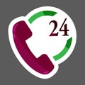 Phone icon colored sticker 24 hours support. Handset vector ill