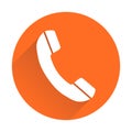 Phone icon in flat style. Vector illustration on round orange ba Royalty Free Stock Photo