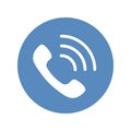 Vector phone icon, handset with waves as phone call sign in flat style placed in blue circle.Telephone symbol Royalty Free Stock Photo