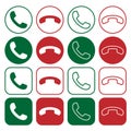 Phone icon set. Call application symbol collection. Green and red button. Flat interface sign. Simple shape old telephone logo. Royalty Free Stock Photo