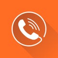 Phone icon vector, contact, support service sign isolated on round orange background with long shadow. Telephone, communication i Royalty Free Stock Photo