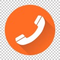 Phone icon vector, contact, support service sign isolated on round orange background with long shadow. Telephone, communication i Royalty Free Stock Photo