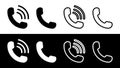 Phone icons. Handset symbols isolated on black and white background. Call signs for business, hotline and talk. Outline icons for Royalty Free Stock Photo