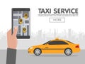 Phone with interface taxi on screen on background the city. Mobile app for booking service