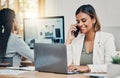 Phone, laptop and communication with a woman graphic designer talking on a call in her office. Computer, creative and Royalty Free Stock Photo