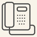 Phone line icon. Hotel or office retro telephone symbol, outline style pictogram on beige background. Telephone