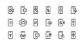 Phone line icons. Mobile device notification and adjustment, wireless pay and secure private data. Vector smartphone app