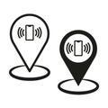 Phone location icon. Mobile signal symbol. Black pointer shape. Wireless device marker.