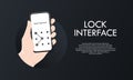 Phone lock screen. Hand holding Smartphone screen lock passcode interface. Illustration of phone ID recognition screen lock