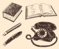 Phone log, pencil, pen. narisovanna hand illustration. Vintage Retro engraving