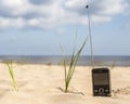 Phone with long antenna receives a signal on a sandy beach