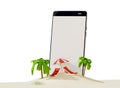 Phone lounge and umbrella on sand beach island 3d-illustration