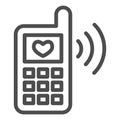 Phone and love message line icon. Classic phone ringing with heart symbol, outline style pictogram on white background