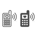 Phone and love message line and solid icon. Classic phone ringing with heart symbol, outline style pictogram on white