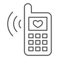 Phone and love message thin line icon. Classic phone ringing with heart symbol, outline style pictogram on white