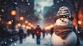 phone in man hand making photo of festive colorful Christmas tree and snowman in winter snowy city Royalty Free Stock Photo