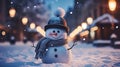 phone in man hand making photo of festive colorful Christmas tree and snowman in winter snowy city Royalty Free Stock Photo