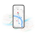 Phone map UI. Mobile application with transport location and route direction. Smartphone navigation interface of GPS app for path Royalty Free Stock Photo