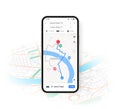 Phone map UI. Mobile application with transport location and route direction. Smartphone navigation interface of GPS app