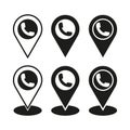 Phone marker icons. Geolocation symbol set. Black pointer shapes. Communication icon design.