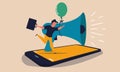 Phone marketing with megaphone and air balloon. Mobile advertisement and promotion service business vector illustration concept.