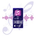 Phone with media player app with musical abstract notes. Playing audio. Royalty Free Stock Photo