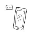 Phone with message doodle. Smartphone speech bubble hand drawn sketch style icon. Mobile message comic doodle drawn concept